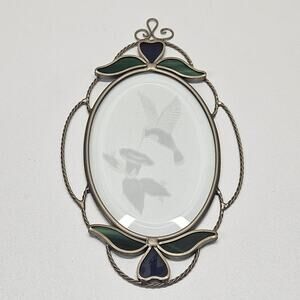 Vintage Stained Glass Sun Catcher 9.5 Blue Green Framed Beveled Hummingbird